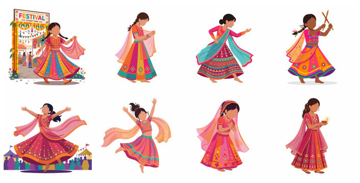 Set of diverse Indian girls in traditional colorful Ghagra Choli celebrating festivals with dancing, praying, and festive activities