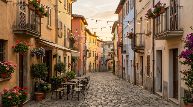Old town travel scene, hanging flower pots, string lights overhead, narrow street perspective, no people