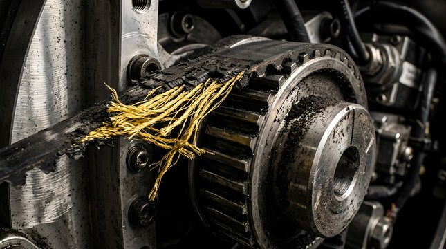 Close Up Of A Severely Damaged Black Timing Belt With Exposed Yellow Fibers On A Dirty Engine Pulley, Industrial Photography