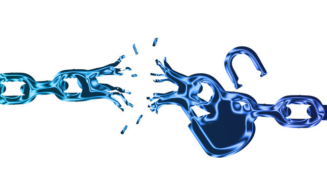 A blue chain breaks free from a handcuff on a transparent background