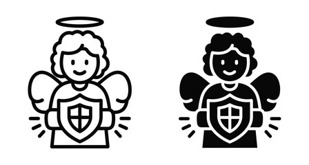 Obraz premium Guardian angel icon set featuring a celestial figure with wings and halo holding a protective shield for security and safety