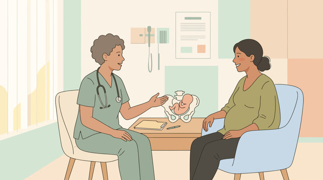 Pregnant woman consults with doctor about baby's development in clinical setting