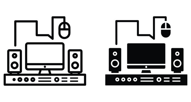 Desktop computer workstation icon set with monitor speakers mouse and multimedia console receiver for gaming or office hardware setup