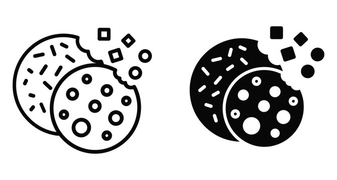 Cookie icon set featuring bitten chocolate chip and sprinkle biscuits with crumbs in outline and solid black vector style