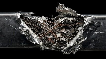 Fototapeta premium Creative Damaged, industrial, metal pipe, exposed wires, destruction, infrastructure, failure 4K