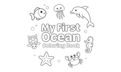Fototapeta premium My First Ocean Coloring Book Png Isolated on Transparent Background with Cute Seal Jellyfish and Starfish Doodles