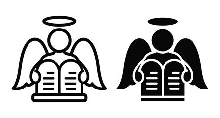 Naklejka premium Angel holding ten commandments tablets icon set with halo and wings in outline and solid black flat vector religious tablets