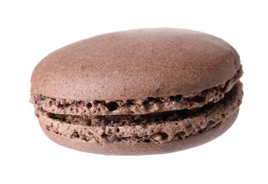 One tasty chocolate macaron in air isolated on white