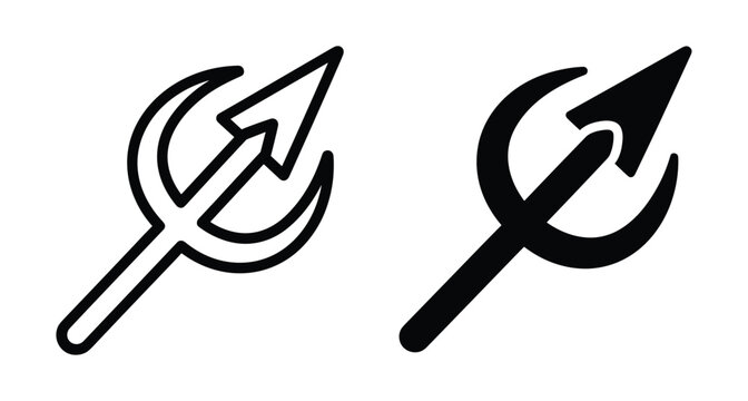 Trident pitchfork icon set featuring outline and solid black devil fork spear symbols for mythology farming or halloween graphic design
