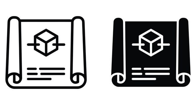 blueprint scroll icon set with 3d cube symbol for architectural design engineering project planning technical drawing prototype development modeling software