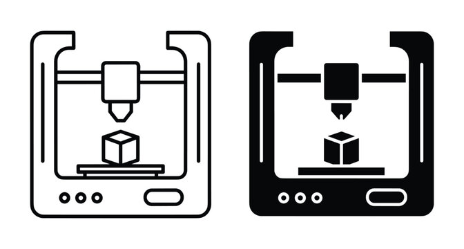3D printer icon set with outline and solid glyph styles showing additive manufacturing process printing a cube for industrial design
