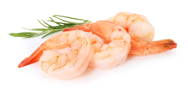 Many tasty cooked shrimps isolated on white