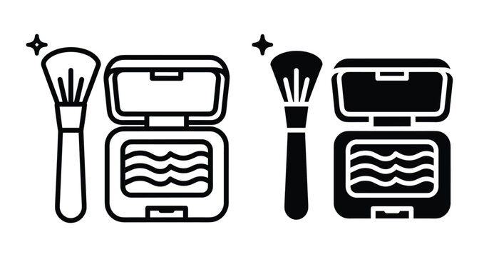 Makeup brush and compact powder case icons in outline and solid styles for beauty salon cosmetics branding and web design