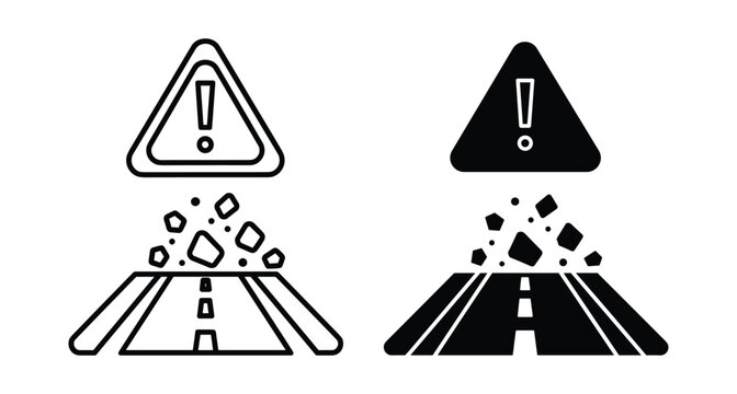 Falling rocks warning sign icon set showing landslide danger on highway road with exclamation mark symbol for traffic safety awareness
