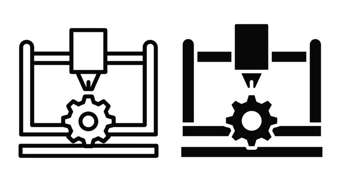3D printer machine icon set showing additive manufacturing process of a mechanical gear for industrial prototyping and engineering design projects