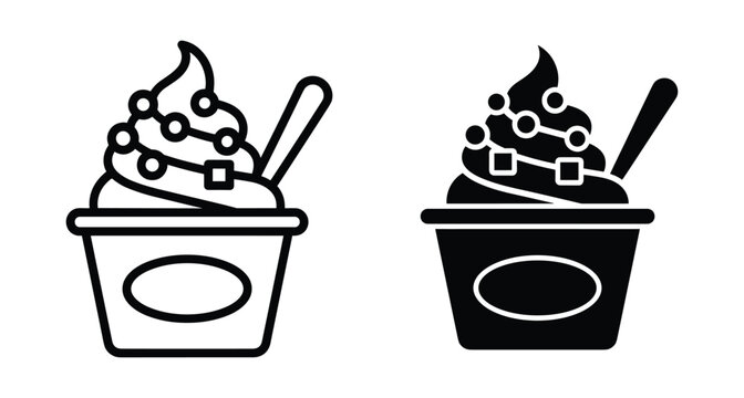 Frozen yogurt soft serve ice cream cup icons with spoon and toppings in outline and solid silhouette style for menu design