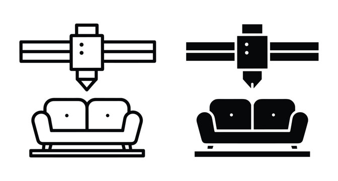 3D printing furniture icon set showing industrial printer nozzle creating sofa for modern home manufacturing technology and additive production process