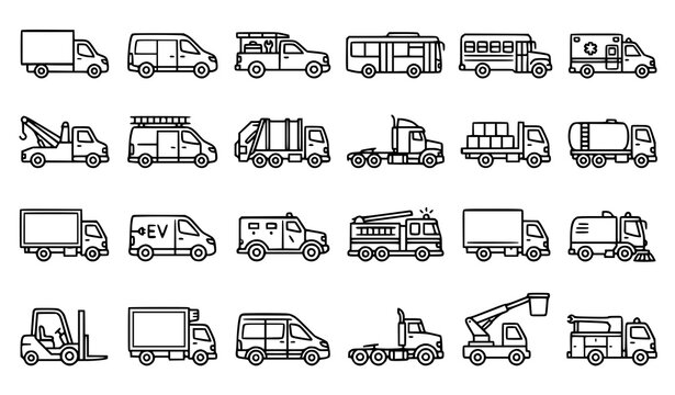 Outline Service Vehicle Vector Icon Set with Commercial Transport Fleet Trucks Vans and Utility Vehicles