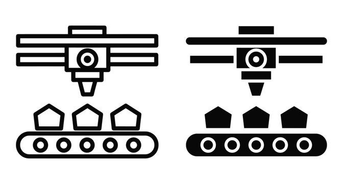 3D printer machine icon set with nozzle and conveyor belt for industrial manufacturing additive technology production line engineering design elements