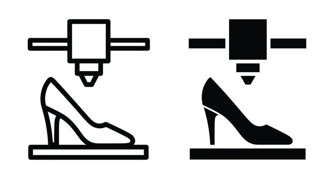 3D printing high heel shoe icon set showing additive manufacturing process for footwear design fashion technology prototyping and industrial production