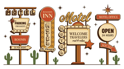 Vintage motel signs and desert cacti vector illustration on white background © MD REZAUL KARIM