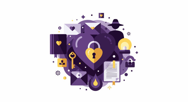 Secret Love and Mystery Conceptual Illustration with Heart Padlock, Key, Envelopes, and Private Investigator Silhouette in Flat Vector Style