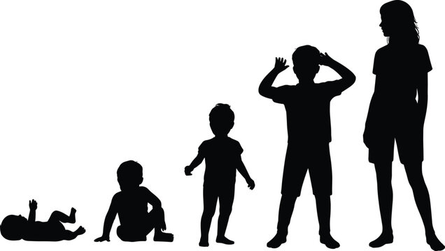Silhouettes illustrating the growth stages of a child from infancy to young adulthood Keywords: child, growth, development, stages, infancy