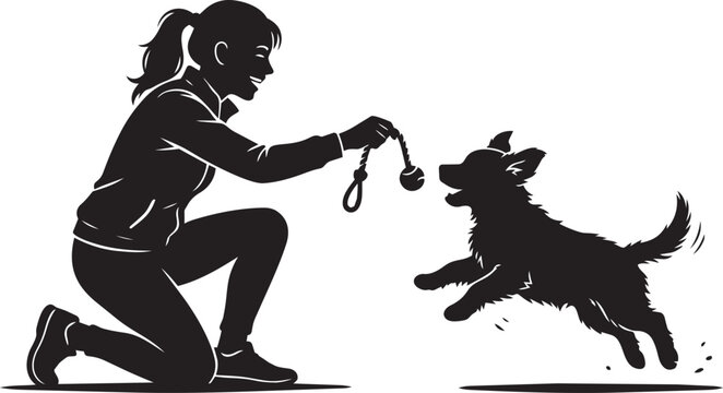 Woman kneeling training a black dog with leash
