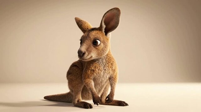 Cute baby kangaroo joey sitting and looking around, realistic 3 d animation of australian wildlife character on neutral studio background