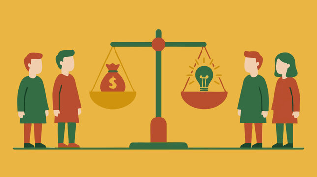 Concept of balancing money and ideas on a scale with people observing