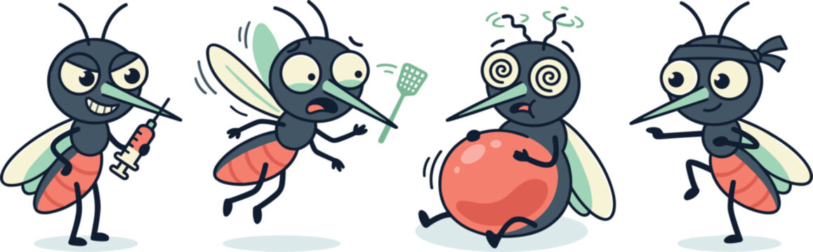 Mosquito Character Vector Set with Pest Control, Blood Sucking, Virus Transmission, and Funny Insect Cartoon Illustrations