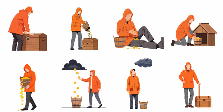 Collection of illustrations featuring a man in a raincoat managing gold coins, treasure chests, and buckets, symbolizing financial wealth and savings.