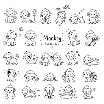 Monkey doodles set. Hand drawn vector doodle set on white background