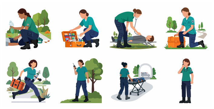 Female paramedic character set providing emergency medical services and first aid treatment in flat vector style