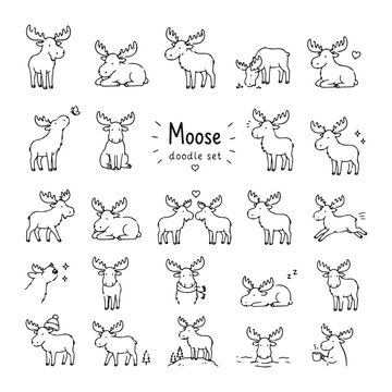 Moose doodles set. Hand drawn vector doodle set on white background