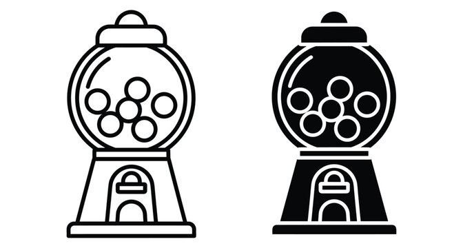 Gumball machine icon set featuring outline and solid black styles for candy dispenser vending equipment used in retail gumball machine