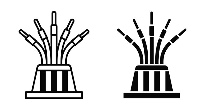 Fiber optic cable icon set showing high speed internet connection data transfer technology network communication wire electrical power line symbol