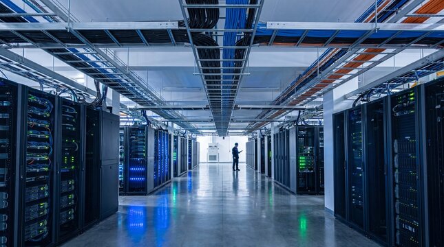 Data Center Aisle with Overhead Cable Trays and Organized Cable Bundles