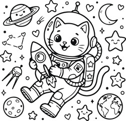 Obraz premium Cute cat astronaut in space with rocket coloring page vector doodle illustration