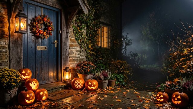 Cozy night doorstep decorated with pumpkins and a glowing lantern