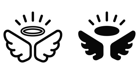Obraz premium Angel wings with halo and light rays icon set featuring outline and solid black silhouette styles for religious or spiritual design projects