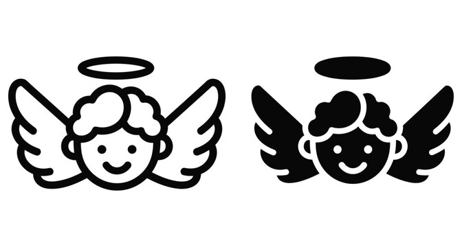 Cute angel head icon set with wings and halo featuring smiling cherub face in outline and solid black vector styles