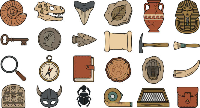 Archaeology vector icon set with paleontology fossils dinosaur skull ancient pottery coins scroll tools and artifacts