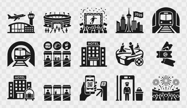 Transportation and Hospitality Icons: A collection of black silhouette icons representing various travel and accommodation services including airport, stadium, hotel, train, ticket.