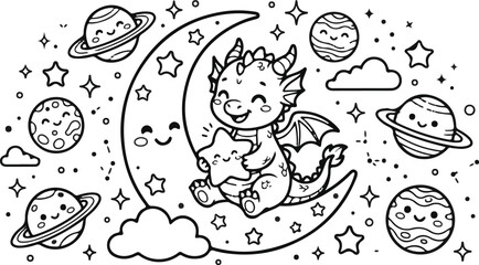 Cute little dragon sitting on crescent moon holding a star for coloring book, cartoon vector illustration © Akhi Ayra