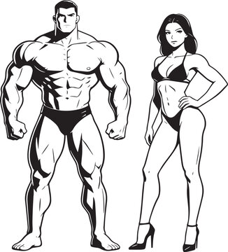 Exaggerated Male Bodybuilder and Slim Female Bikini Model Standing Side-by-Side, High-Contrast Retro Comic Book Style black and white vector illustration
