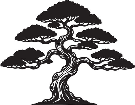 Ancient Twisted Bonsai Tree with Swirling Trunk Patterns and Layered Cloud-Like Foliage, Ornate Japanese Tattoo Style black and white vector illustration
