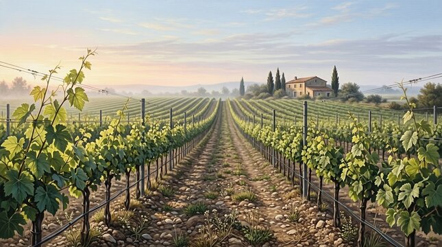 Realistic Oil Painting of Mediterranean Terrace and Coastal Sunset Town