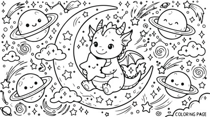 Kawaii little dragon astronaut on the moon surrounded by cute planets and comets, black and white line art doodle © Akhi Ayra