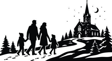 Obraz premium Family Silhouette Walking Towards Church With Crescent Moon And Evergreen Trees Black And White spire steeple night twilight path road landscape